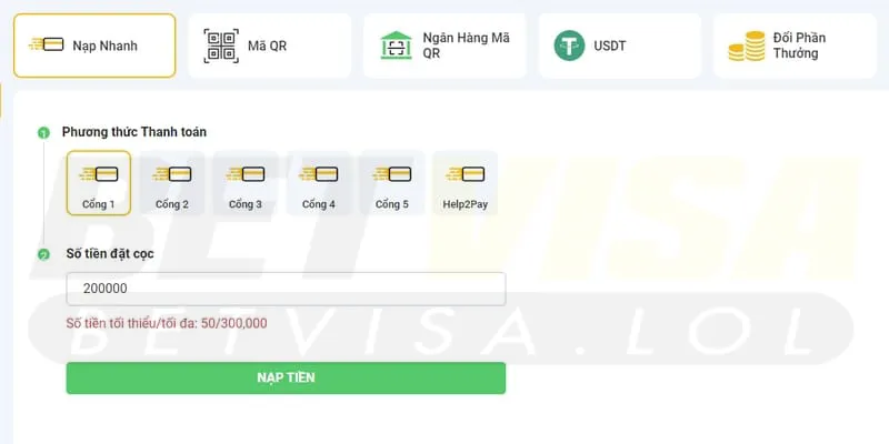 Nạp tiền BetVisa với phương thức nạp nhanh chỉ trải qua 4 bước