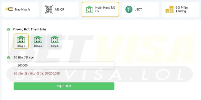 Nạp tiền BetVisa qua mã QR ngân hàng thực hiện hết sức an toàn và tiện lợi 